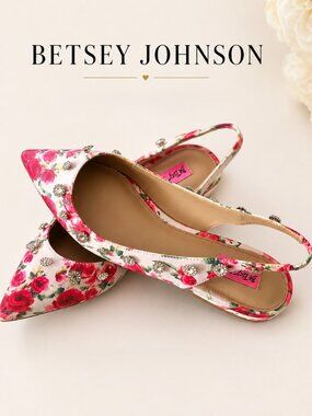BETSEY JOHNSON Reba Pink Floral Satin Rhinestone Embellished Slingback Sz 9 M